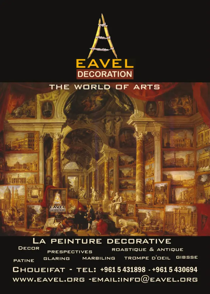 Eavel Decoration advertisement: a gilded picture gallery painting framed by the studio's decorative-paint service list.