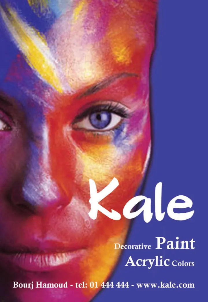 Kale decorative paint advertisement: a face painted in streaks of magenta, yellow and orange against deep blue.