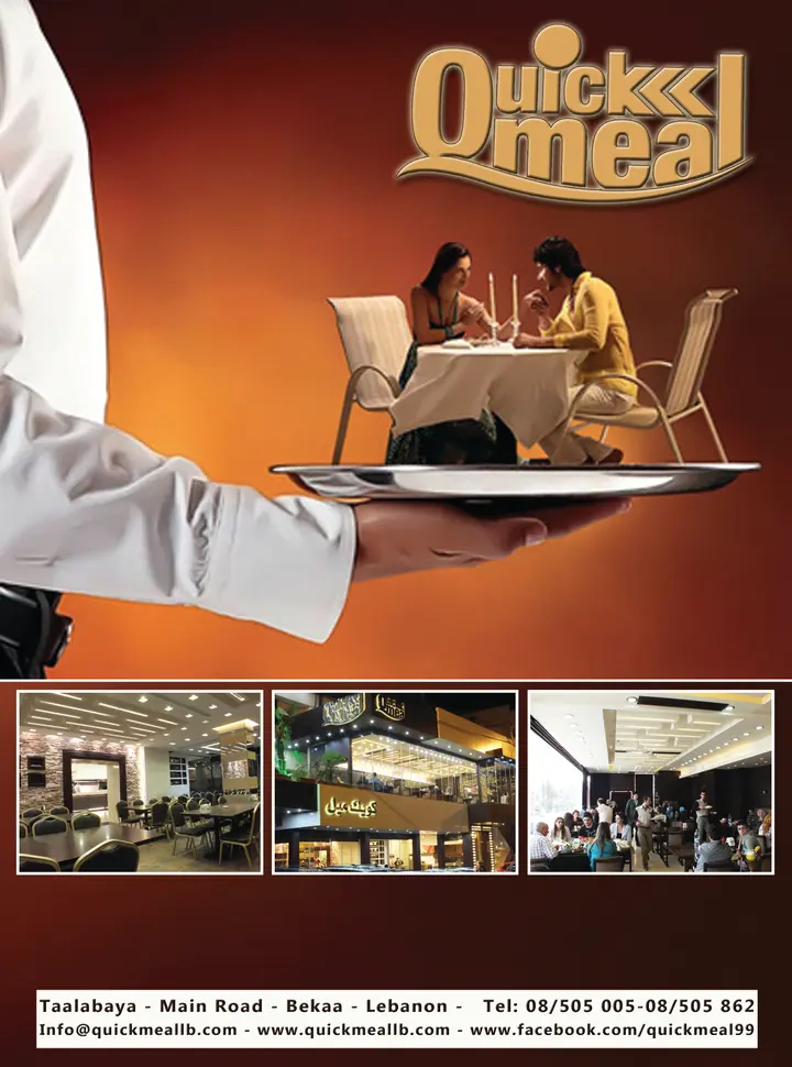Quick Meal restaurant poster: a waiter carrying a tray on which a couple dine by candlelight, above photographs of the Taalabaya branch.