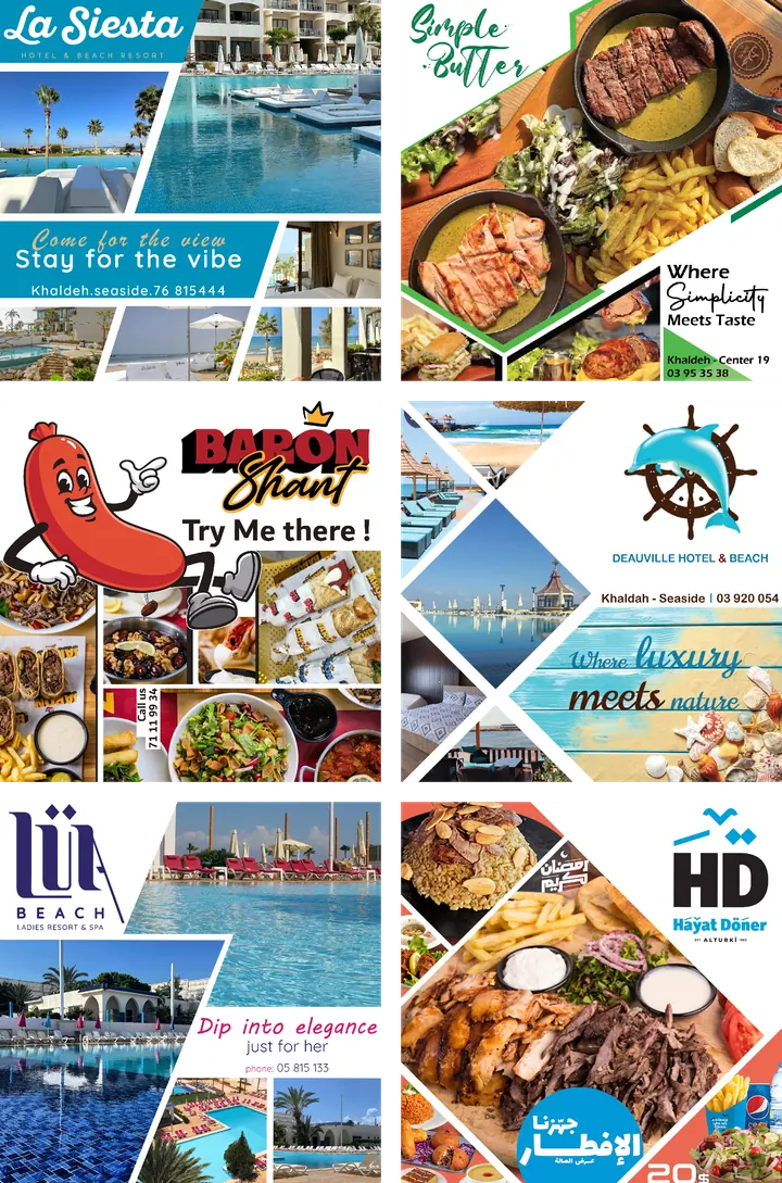 A second set of six bilingual social posts for Khaldeh businesses: La Siesta hotel and beach resort, Simple Butter, Baron Shant, Deauville Hotel and Beach, Lia Beach ladies resort and Hayat Döner.
